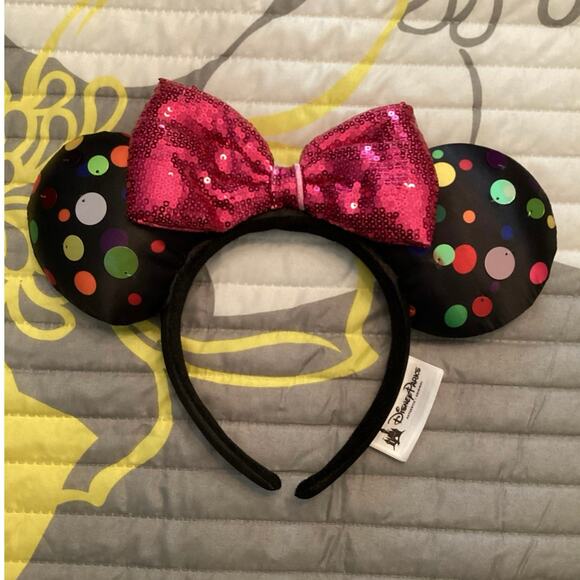 NWOT Disney Parks Ear Headband Black Multi-colored polka dots pink sequin bow main image 2